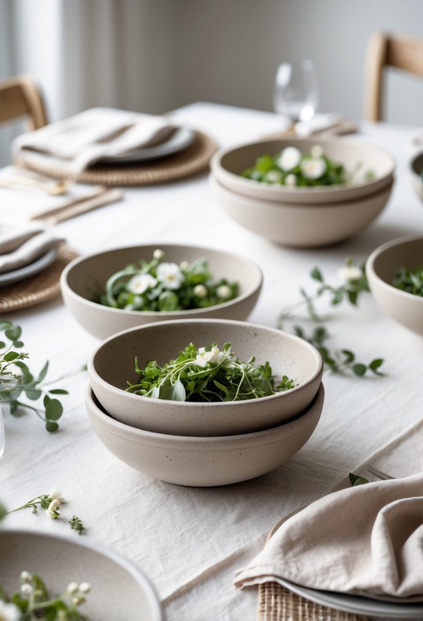A table set with neutral-colored stoneware salad bowls surrounded by simple greenery and small white flowers.