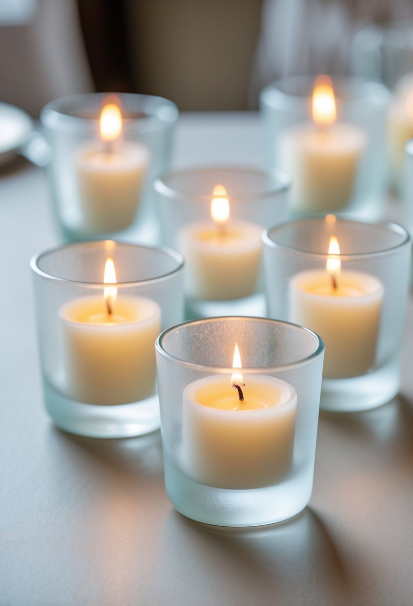 A table with frosted glass votive candle holders containing ivory candles glowing softly.