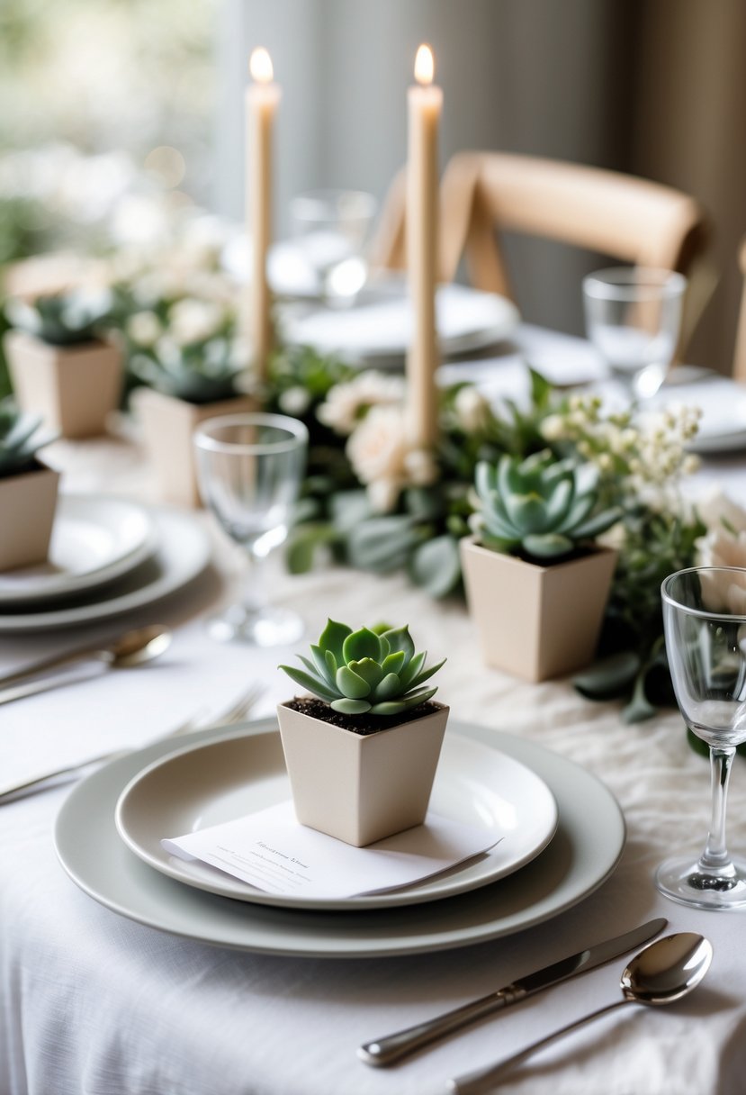 A wedding table set with small succulent pots as place settings, white plates, silver cutlery, and clear glasses on a light-colored tablecloth.
