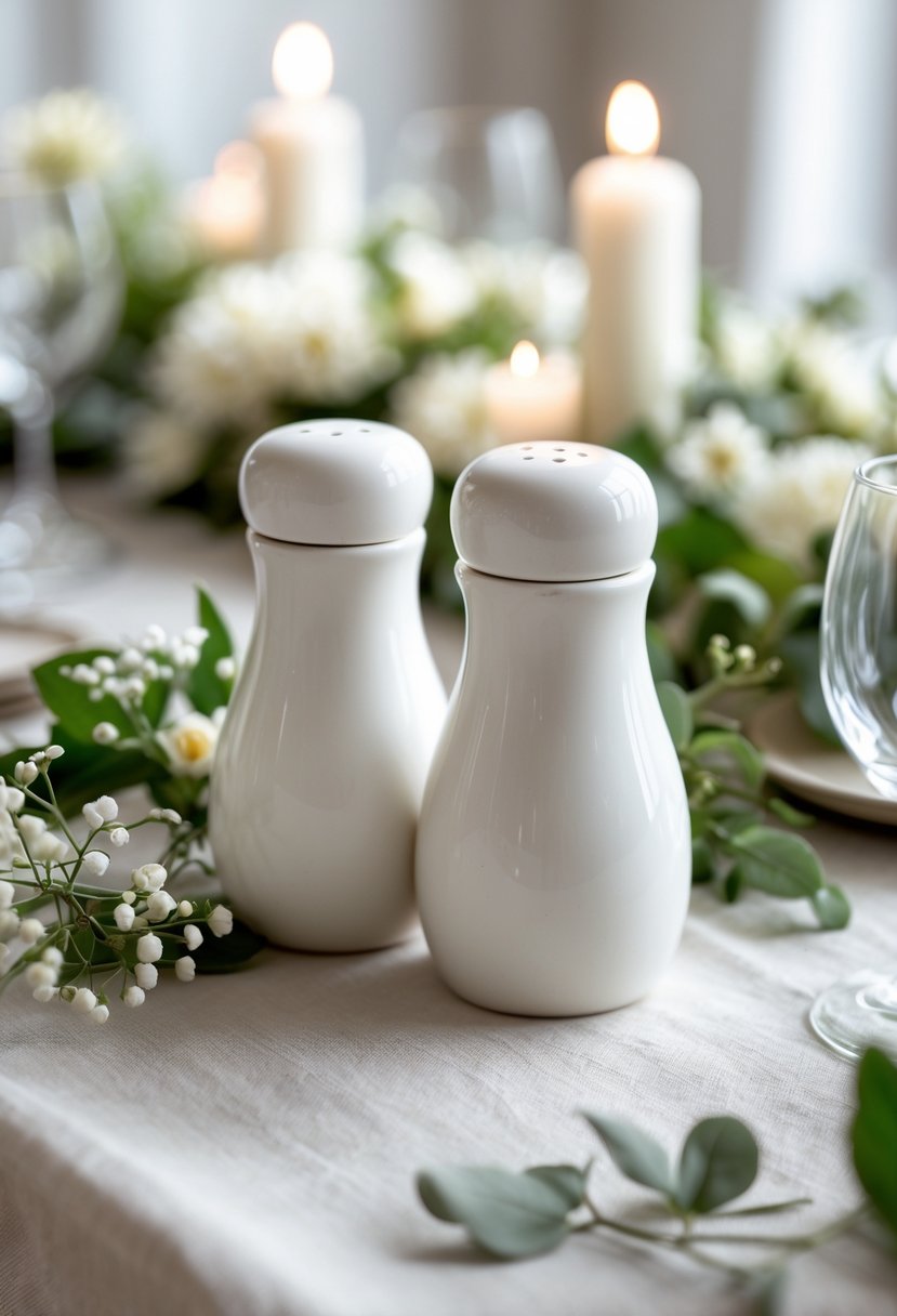A pair of white porcelain salt and pepper shakers on a wedding table with flowers and soft lighting.