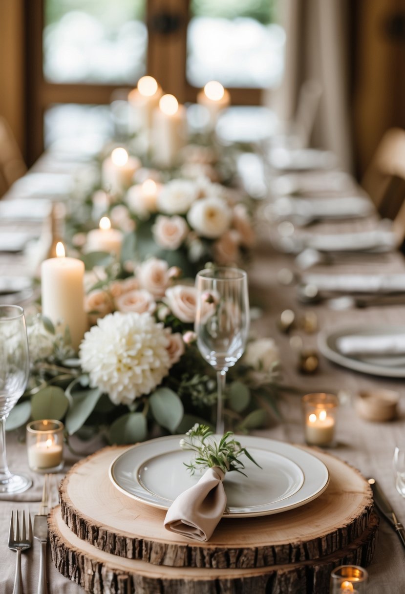 A wedding table set with wood slice chargers, floral arrangements, candles, and elegant tableware.