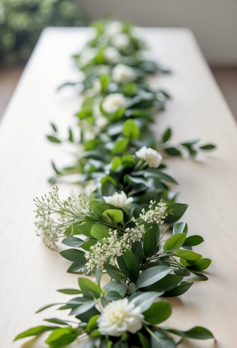 A wedding table with a simple floral garland centerpiece made of green leaves and small white flowers on a wooden surface.