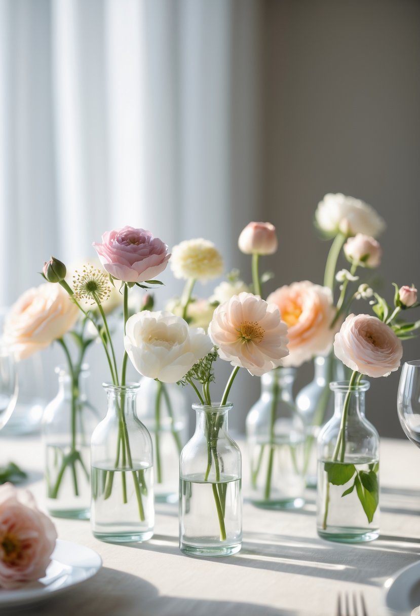 Clear glass bud vases each holding a single flower arranged on a wedding table.