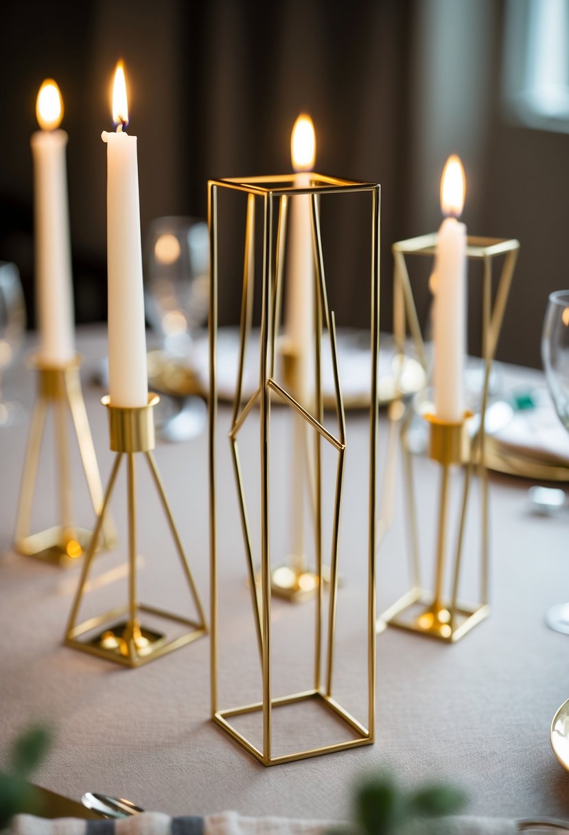 Thin gold metal geometric candle holders with lit white candles on a wedding table.