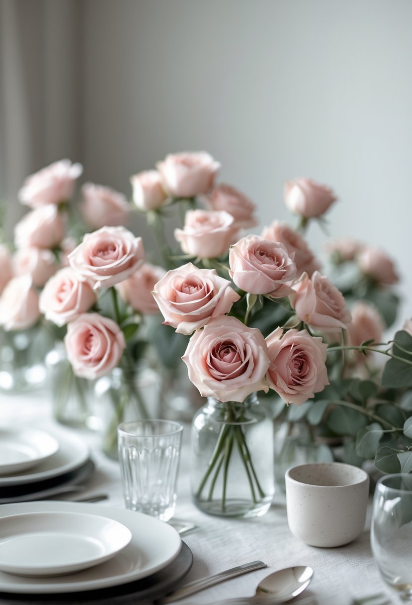 A table decorated with small clusters of soft blush-toned roses and simple greenery, set with white plates and clear glassware.