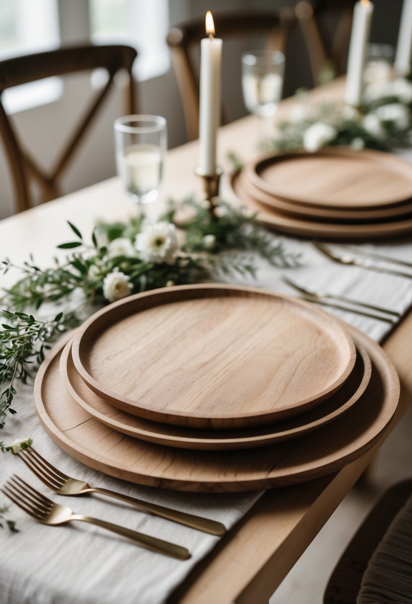 A wedding table set with natural wooden chargers, white plates, and small greenery sprigs on a neutral linen runner.