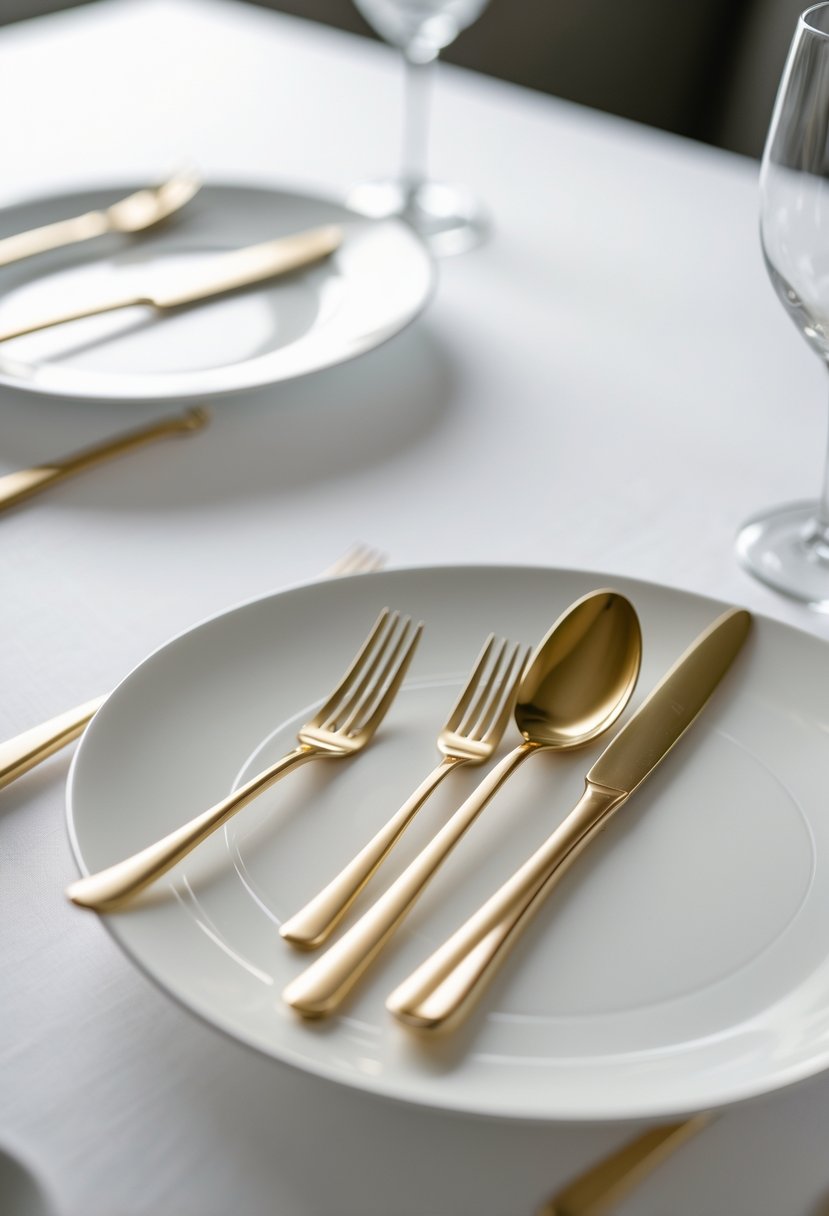Close-up of gold flatware placed on white plates arranged on a table.