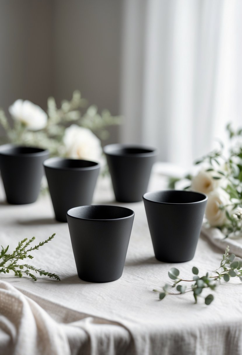 A wedding table with matte black ceramic cups arranged alongside greenery and white flowers on a neutral-colored tablecloth.