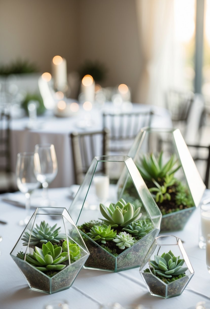 Round wedding tables decorated with glass terrariums containing green succulents.