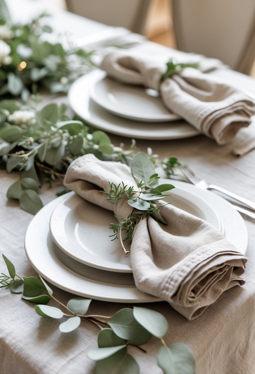 A wedding table setting with neutral linen napkins and green leafy sprigs arranged on white plates.