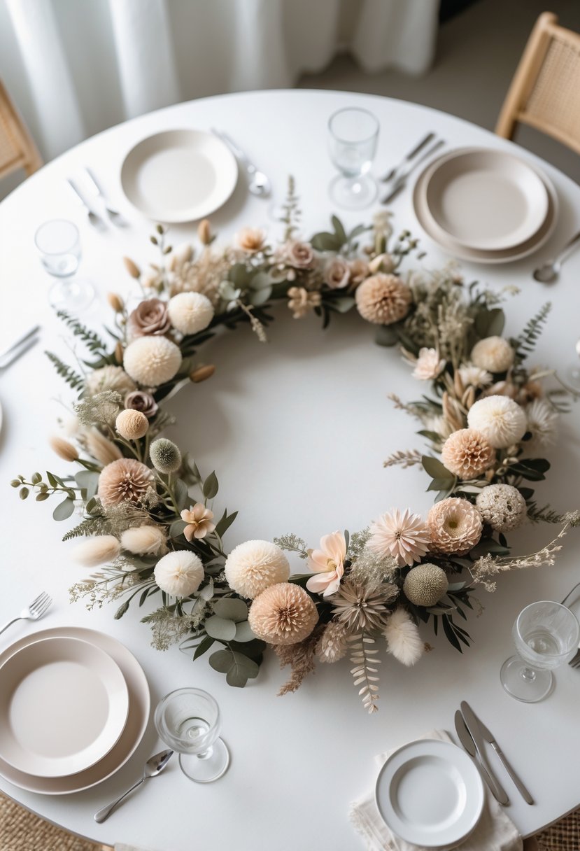 A round wedding table with a dried floral wreath centerpiece surrounded by plates, glassware, and cutlery.