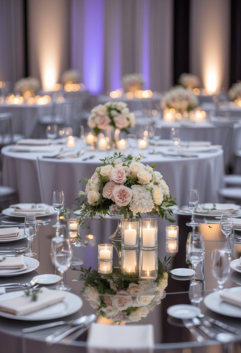 Round wedding tables decorated with mirrored table runners, floral centerpieces, and table settings in a softly lit banquet hall.