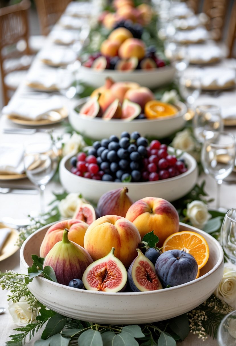 A wedding table with low bowls of fresh seasonal fruits arranged as centerpieces surrounded by greenery and floral accents.