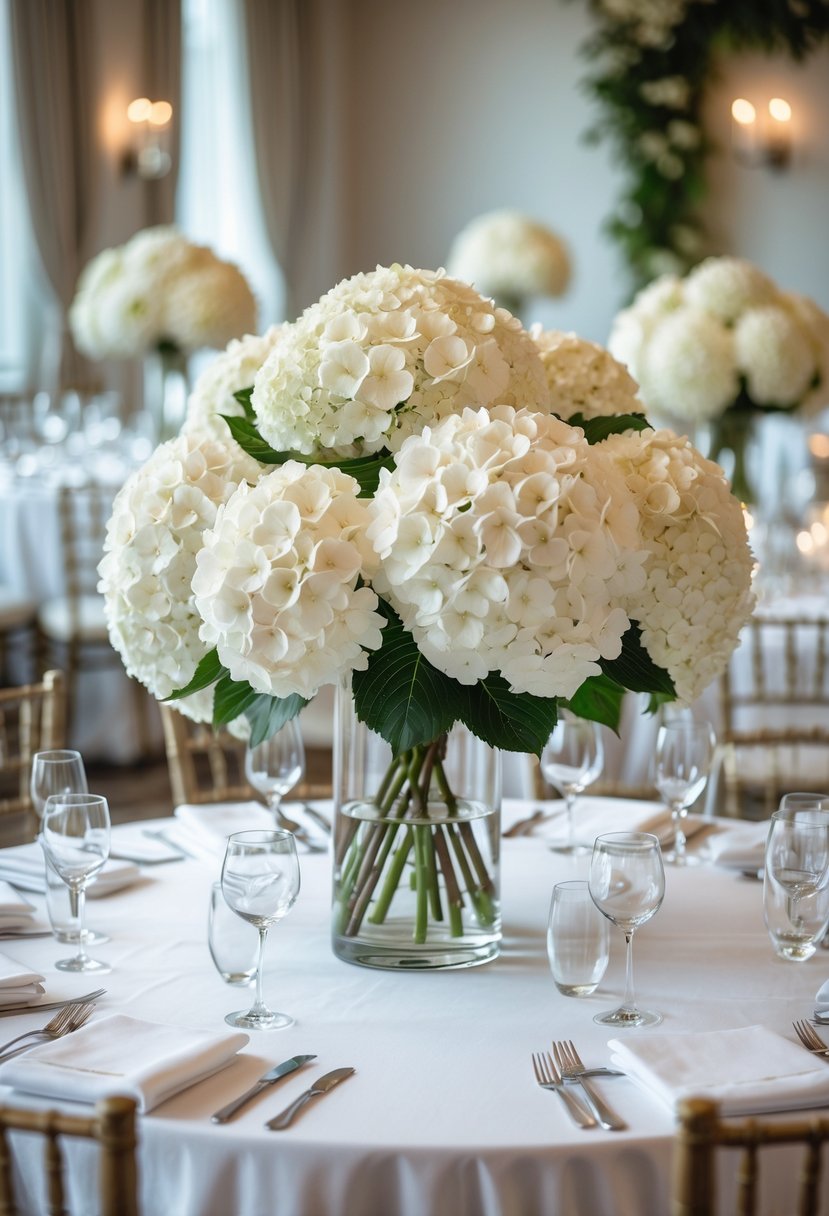 Round wedding tables decorated with white hydrangea bouquets in glass vases at a reception.