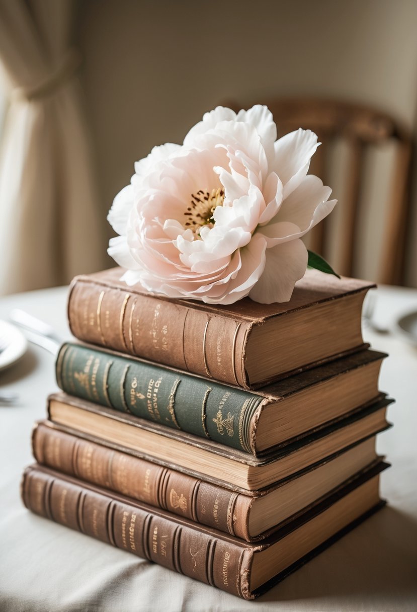 A stack of vintage books with a single flower placed on top, arranged on a wedding table.