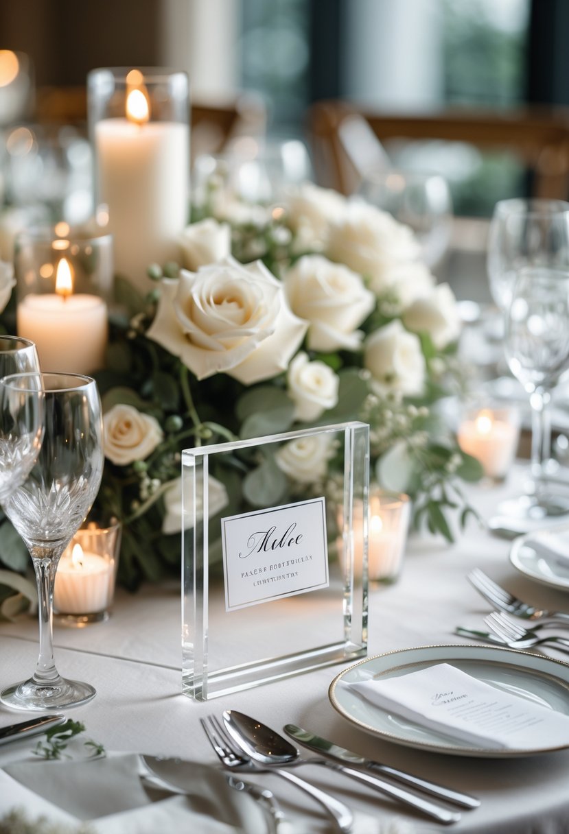 A round wedding table set with clear acrylic place card holders, white flowers, candles, and tableware.