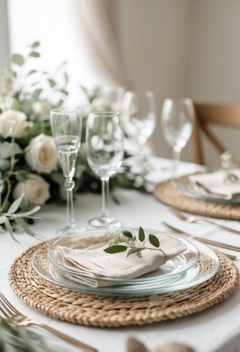 A wedding table with natural woven placemats under clear glass plates, decorated with greenery and soft lighting.