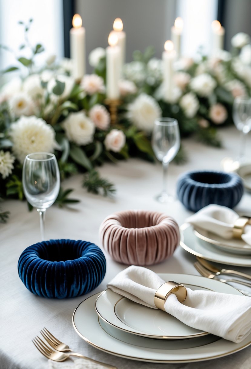 A wedding table setting with soft velvet round napkin rings holding white folded napkins on plates, surrounded by flowers and candles.