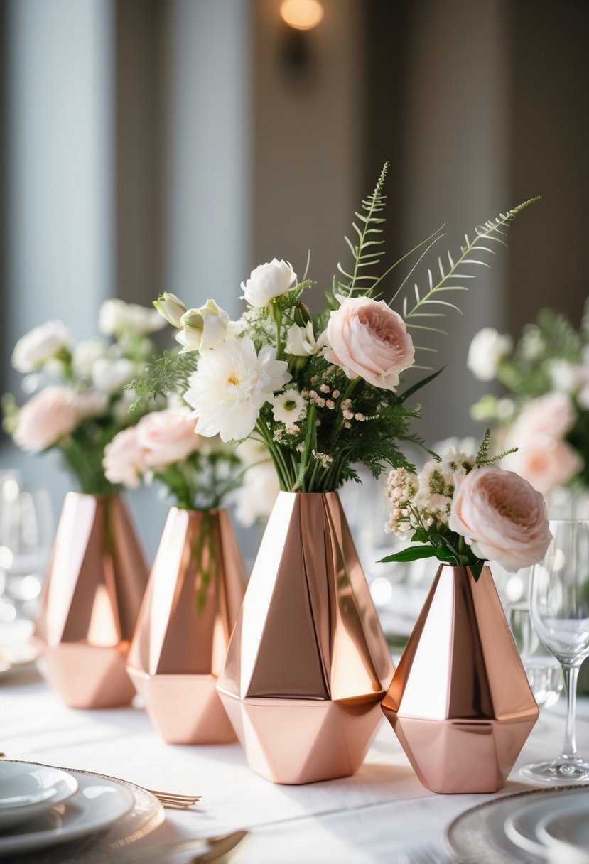 A wedding table with rose gold geometric vases holding white and pink flowers on a white tablecloth.