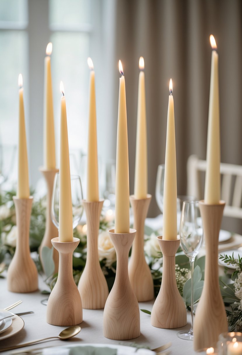 Light wood candle holders with tapered candles arranged on a wedding table with greenery and soft linens.