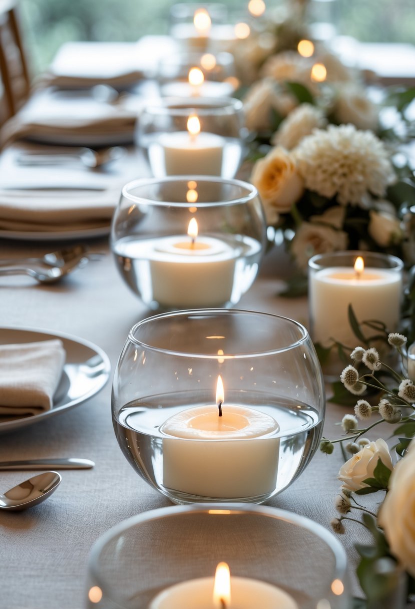 A wedding table with round glass bowls filled with water and floating white candles, surrounded by simple floral decorations.