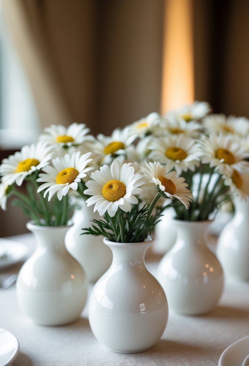 White ceramic bud vases holding white daisies on a wedding table.