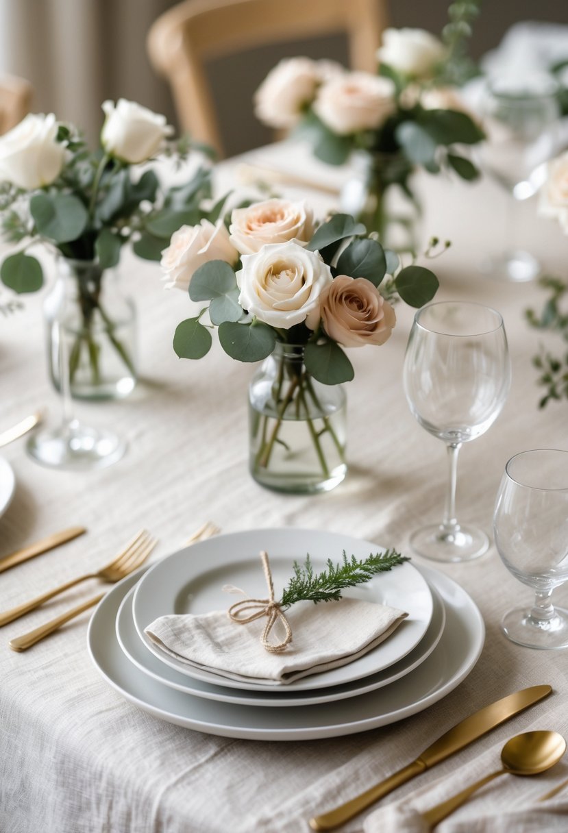 A wedding table set with neutral linens, simple floral arrangements, plates, cutlery, and glasses in a softly lit room.