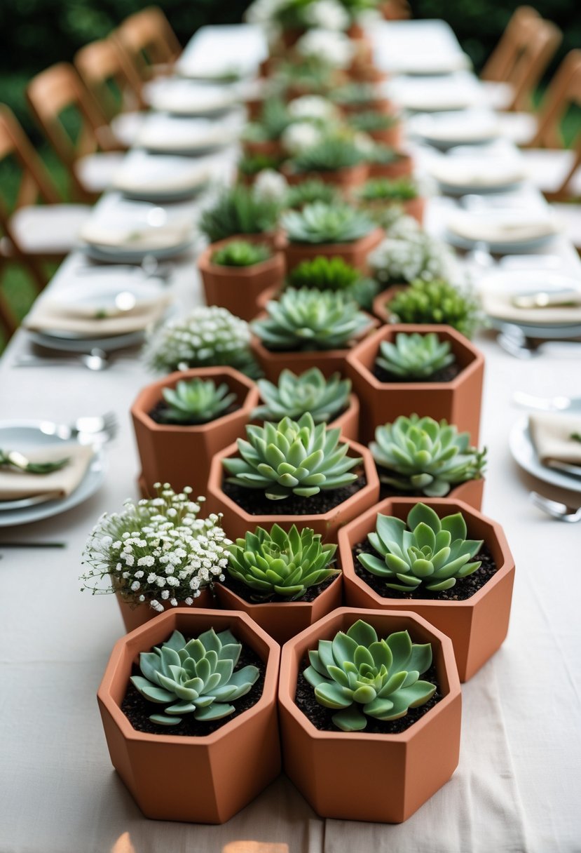 A wedding table decorated with hexagon terracotta pots filled with green plants and white flowers.