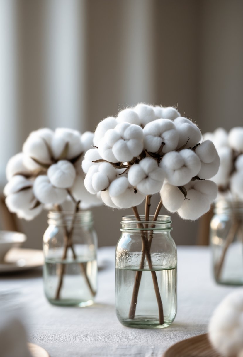 Small glass jars holding soft white cotton flowers arranged on a wedding table.