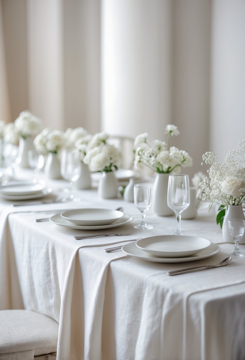 A wedding table set with white linen tablecloths, white plates, clear glasses, and small white flower arrangements.