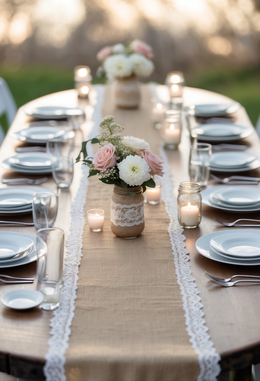 Round wedding table decorated with burlap and lace runners, floral centerpieces, and candles.