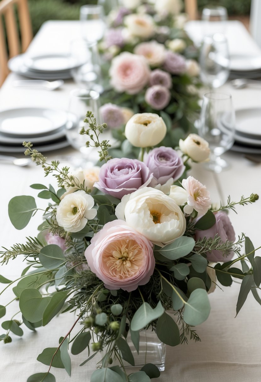 A wedding table with pastel flowers and green leaves arranged in glass vases, surrounded by plates, cutlery, and glasses.