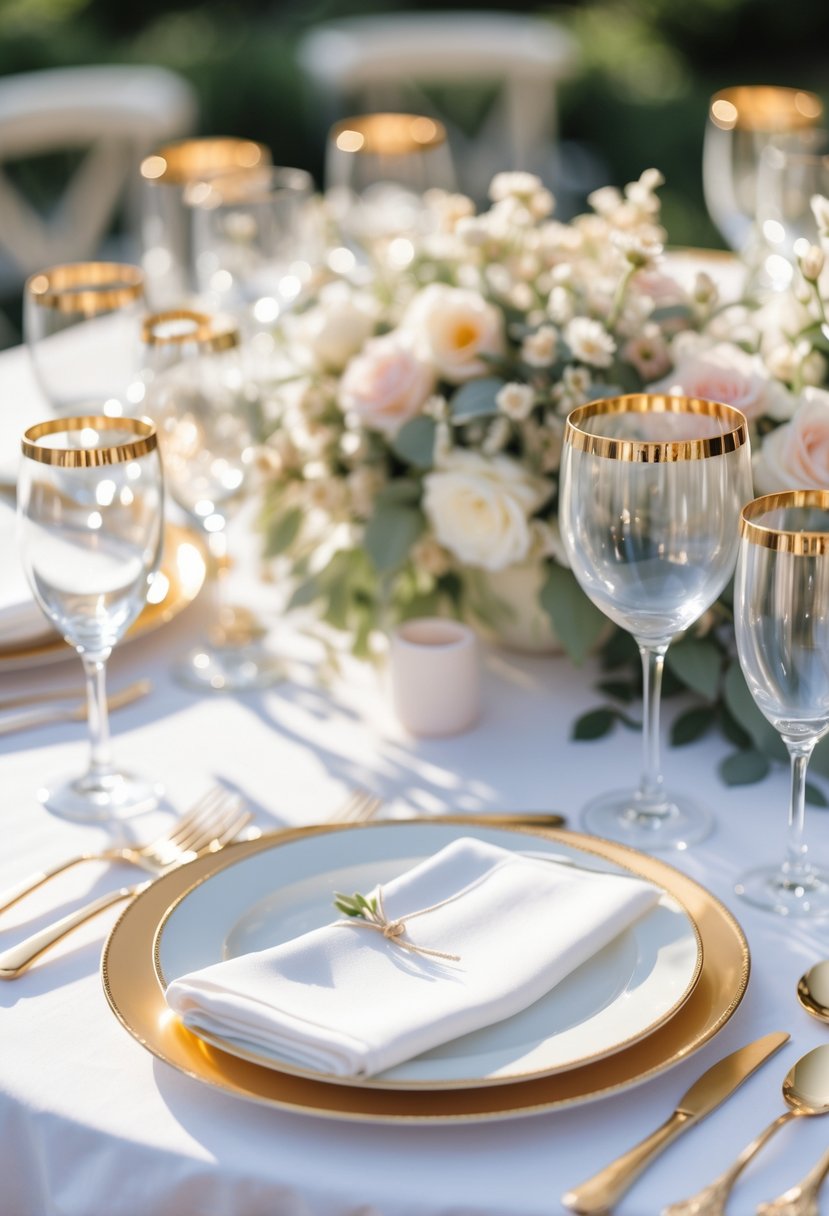 A round wedding table set outdoors with gold-rimmed glasses, white linens, pastel floral centerpieces, and gold-accented cutlery.