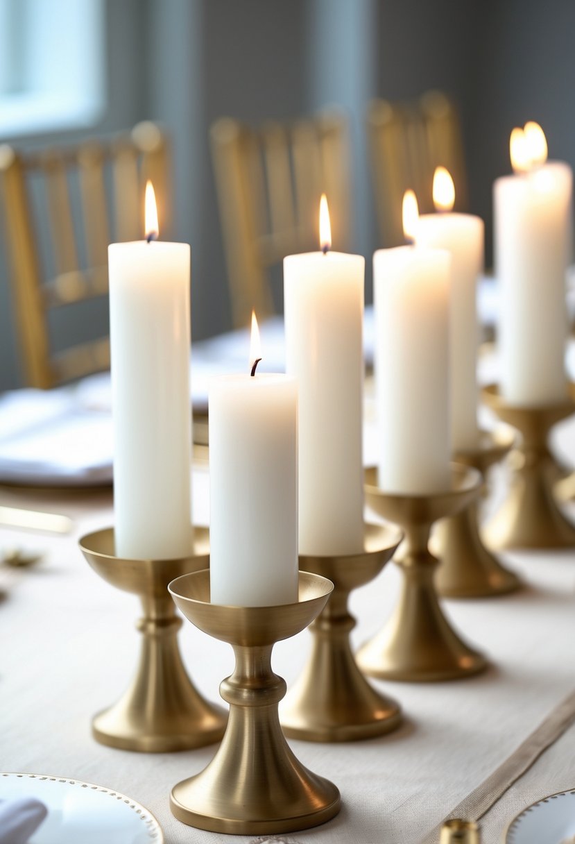 A close-up of white candles in matte brass holders arranged on a wedding table.