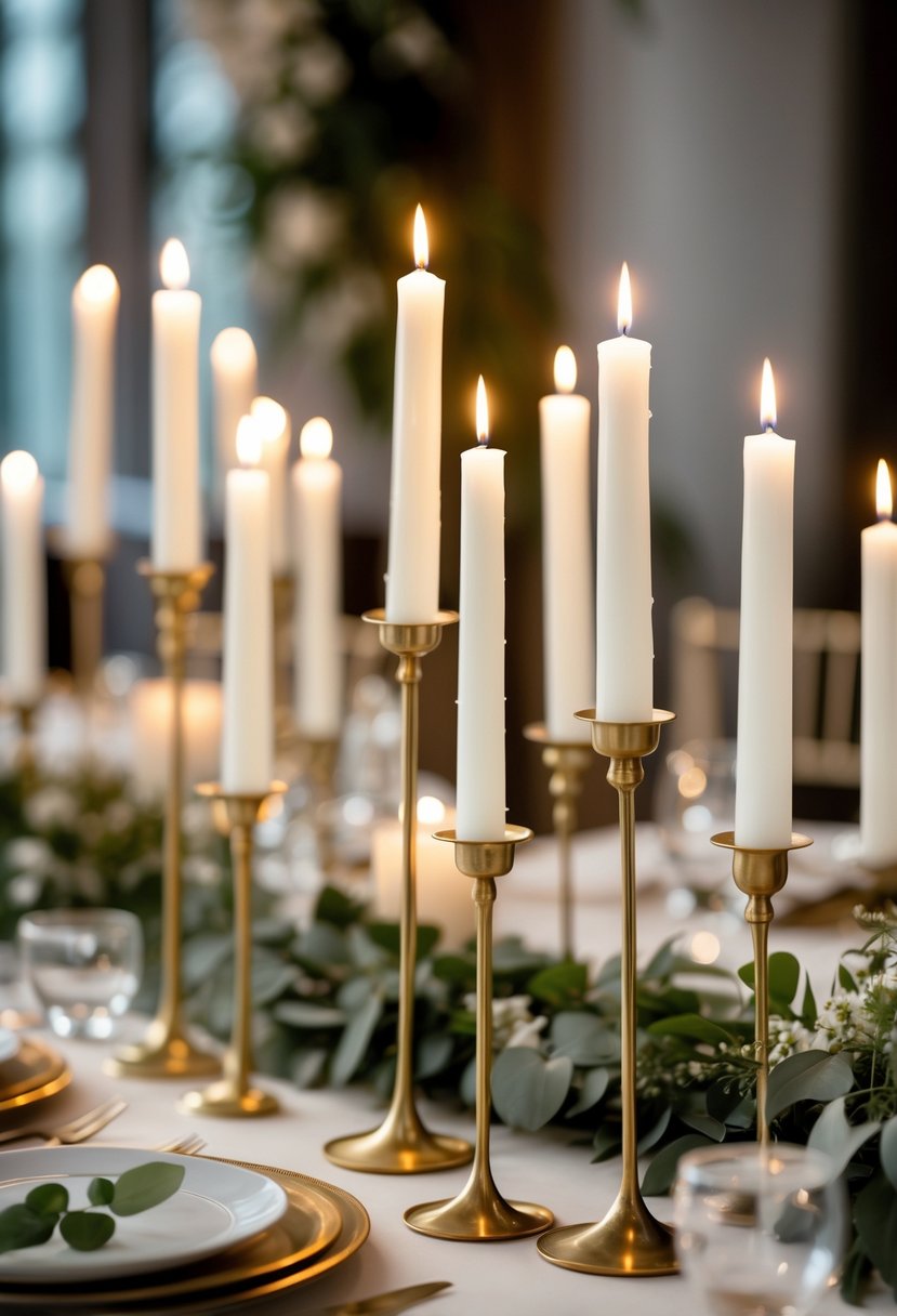Thin brass candle holders with white candles arranged on a wedding table with subtle decorations.