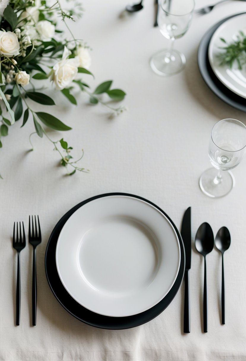 A wedding table set with black cutlery and white plates arranged neatly on a decorated table.