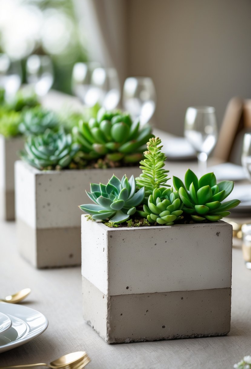 Concrete planters with succulents arranged on a wedding table with soft lighting.