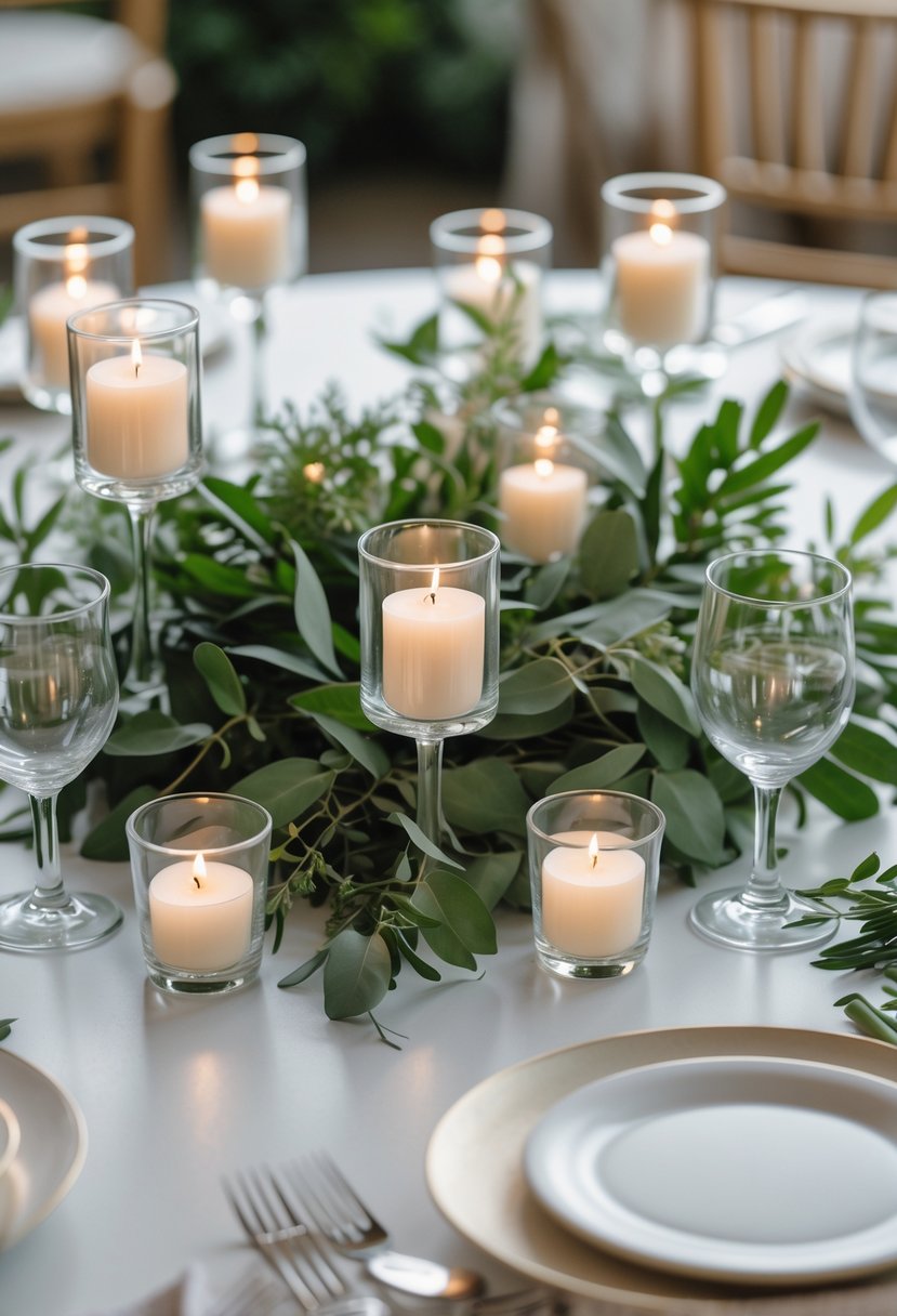 A round wedding table decorated with clear votive candles and green foliage arranged as a centerpiece.