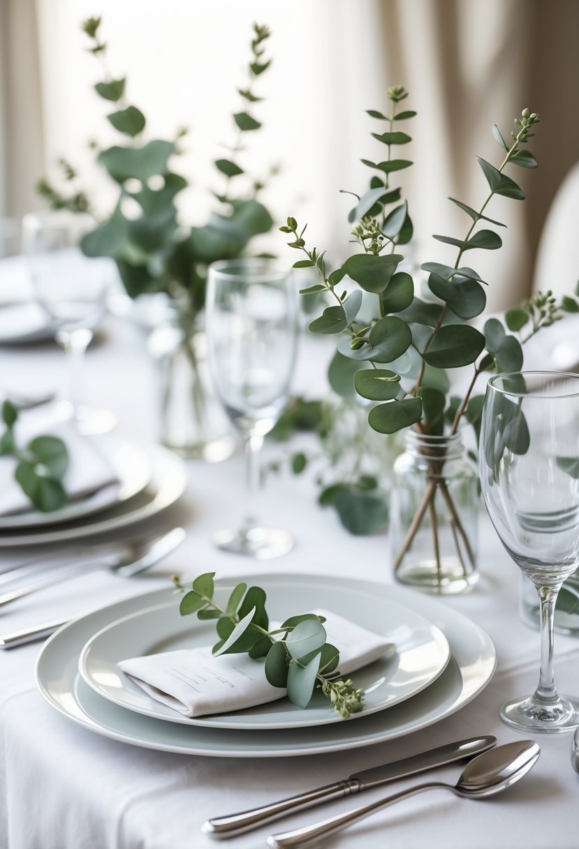A wedding table with single eucalyptus sprigs placed at each place setting alongside plates, cutlery, and glassware.