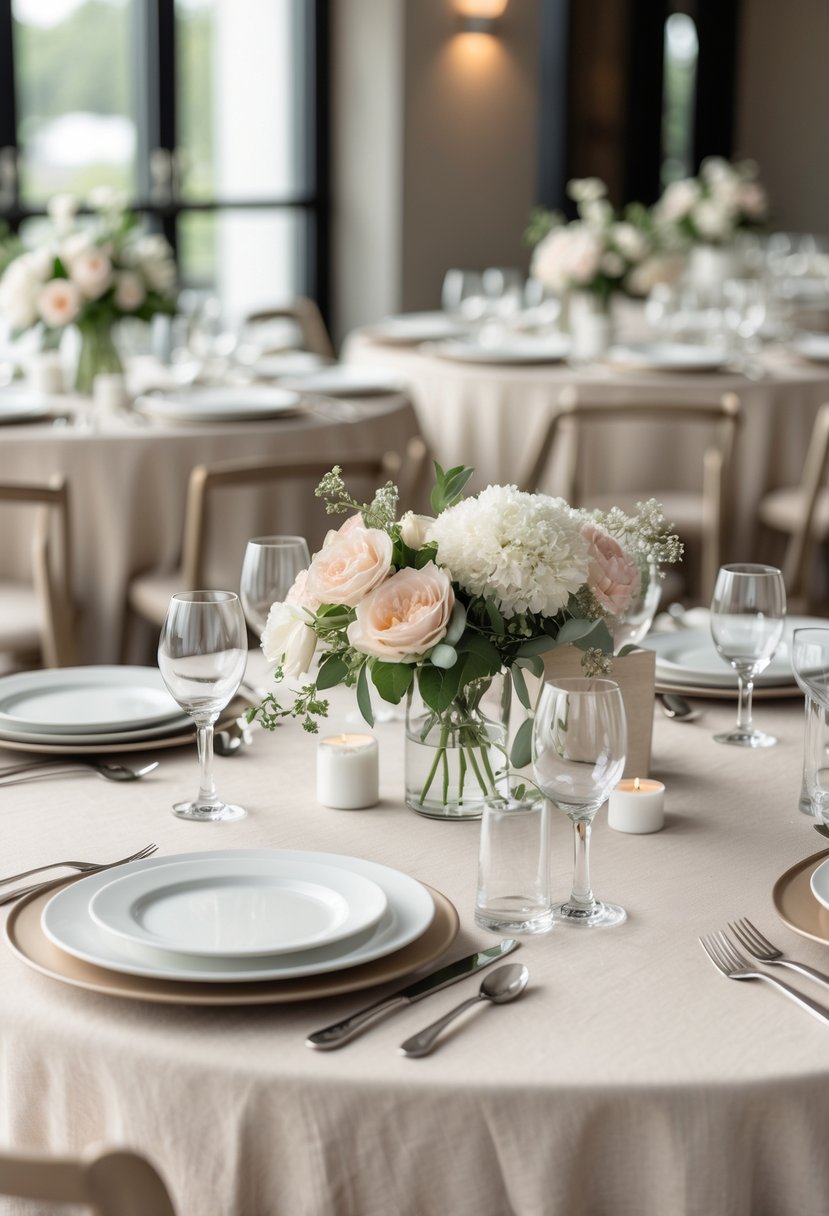 Round wedding tables covered with neutral linen tablecloths, decorated with white flowers and greenery, set with plates, silverware, and glassware.