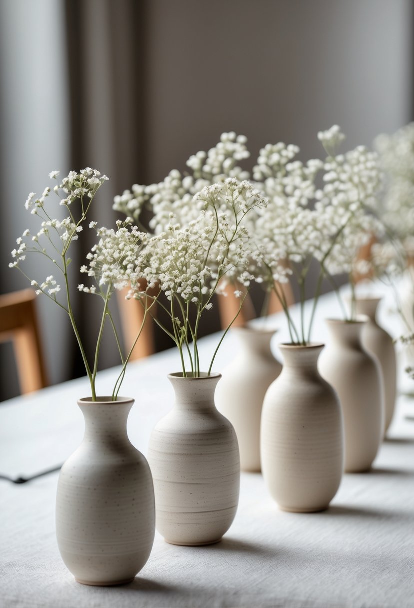 A group of neutral-colored ceramic bud vases holding small clusters of baby's breath flowers on a wedding table.