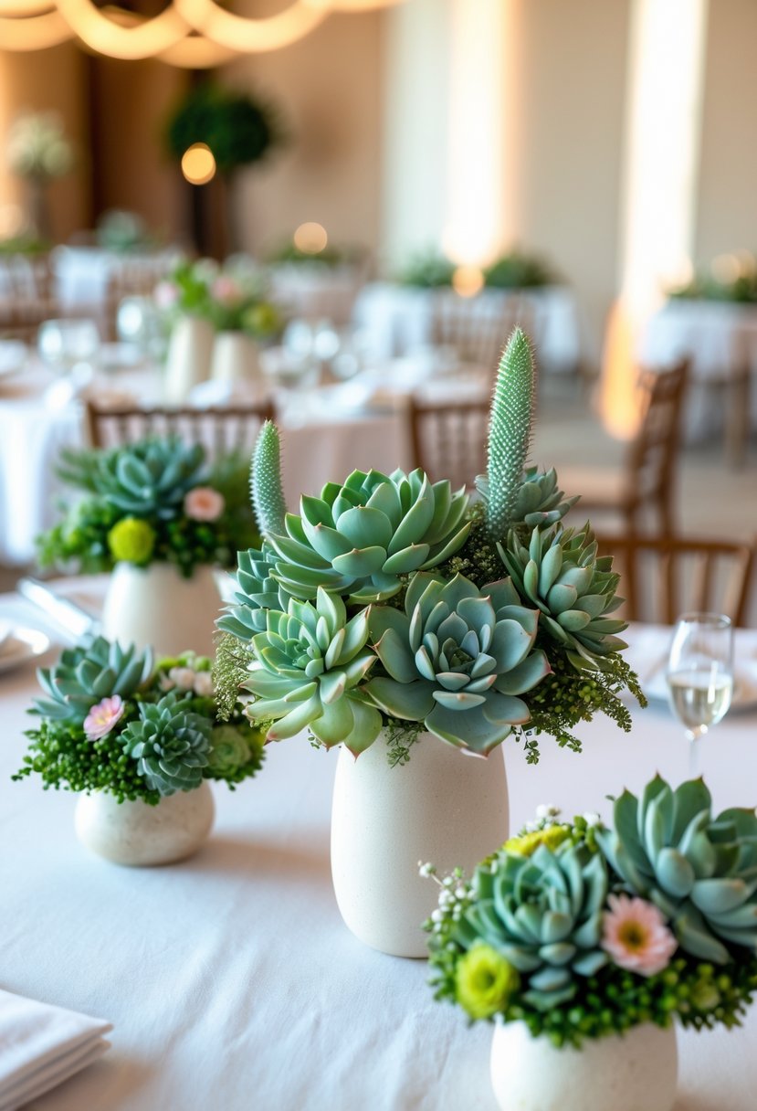 Round wedding tables decorated with succulent bouquet centerpieces in vases, set in a softly lit reception space.