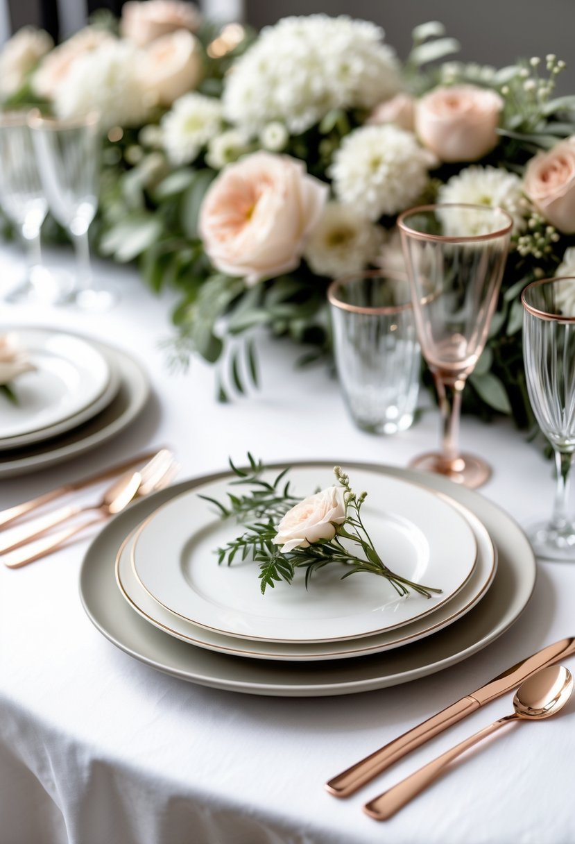 A wedding table set with rose gold flatware, white plates, floral arrangements, and clear glassware.