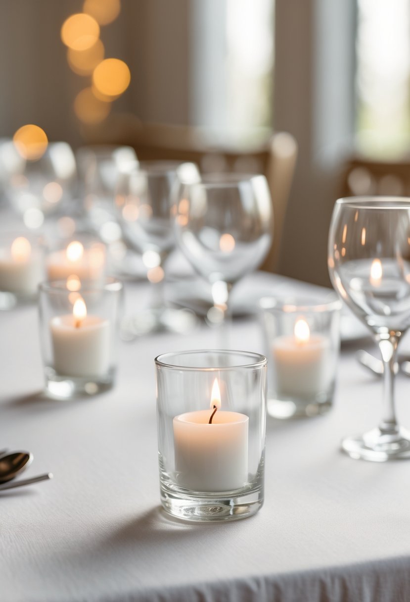 A wedding table with clear glass votive candle holders scattered along its surface.