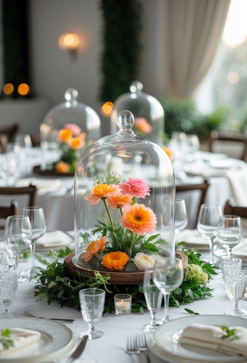 Round wedding table with glass cloche domes covering fresh flowers as centerpieces.