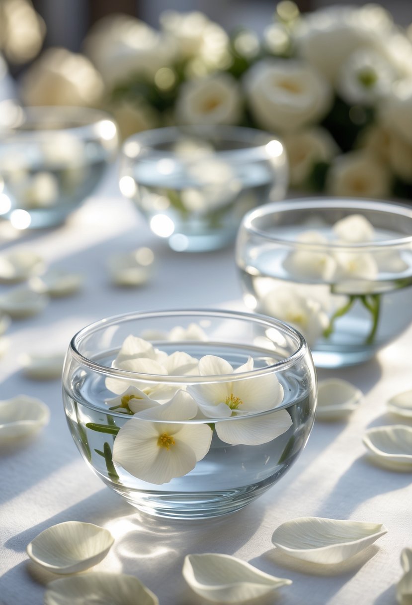 Clear glass bowls with floating white flower petals arranged on a table.