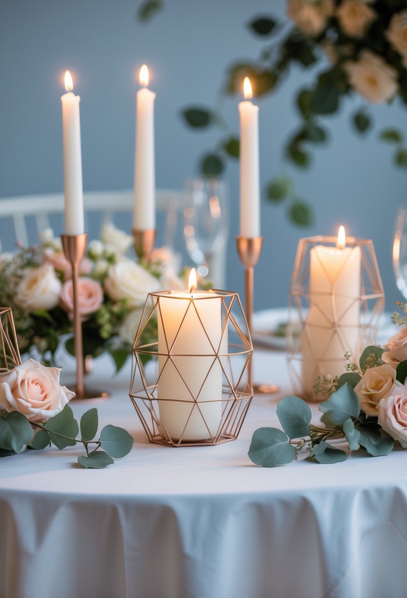 A round wedding table decorated with geometric wireframe candle stands holding lit candles and floral arrangements.