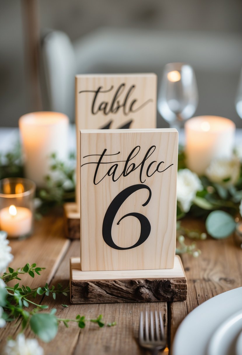 Wooden table number signs with handwritten numbers on a wooden table surrounded by flowers and greenery.