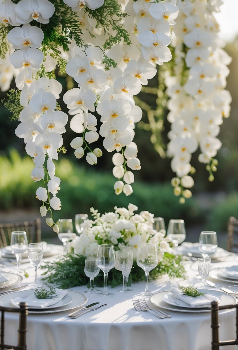 A round wedding table decorated with white orchid garlands and greenery, set outdoors with tableware and a floral centerpiece.