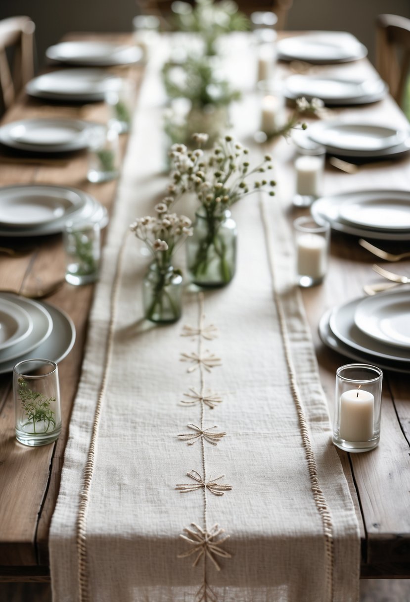 A wooden table with linen runners featuring subtle embroidery, decorated with small glass vases holding wildflowers, white candles, and greenery.